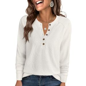 ANRABESS Women's Long Sleeve Waffle Knit Shirts Dressy Casual Loose Button Up V Neck Henley Tops 2026 Fall Basic Tee Blouse (X-Large, Beige)