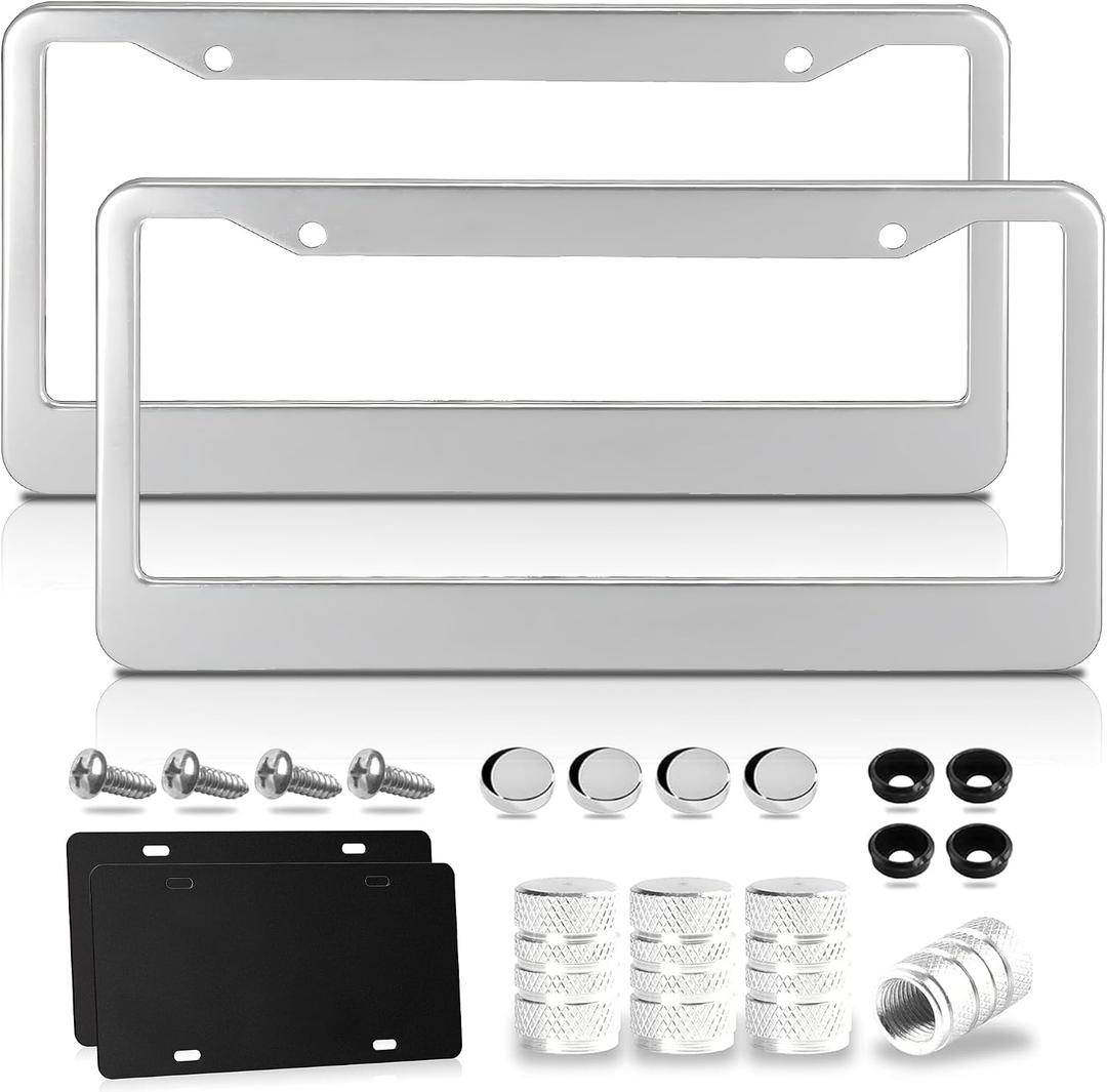 Premium Chrome License Plate Frames with 2 Anti-Scratch Pads & 4 Tire Valve Caps, Heavy Duty Rust-Free Chrome License Plate Frame 2 Pack for Women & Men, 2 Holes Universal Fit for Cars & Trucks
