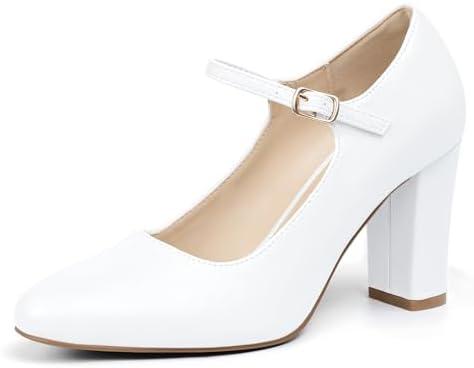 IDIFU IN4 Women's Pumps Mary Jane Dress Shoes for Women Closed Toe High Chunky Block Heels Dressy Wedding Bride Prom Graduation Business Heels Comfortable Formal Vintage Round Toe Pumps Shoes, Size 9