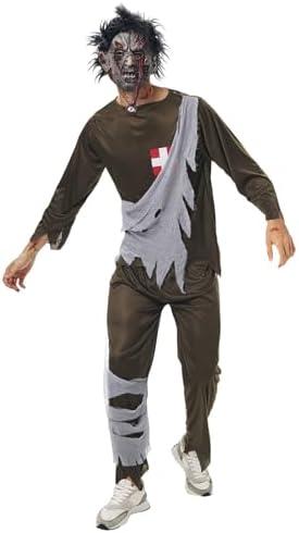 6PCS Adult Men Zombie Costume with Scary Mask Tattoo Stickers Creepy Halloween Cosplay Party Outfits Small