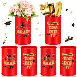 Domensi 6 Pcs 2025 Graduation Table Centerpiece Vase Decorations Class of 2025 Galvanized Metal Tin Vases for Artificial Flowers Grad Caps Cutlery Utensil Holder for Party Supplies Gifts(Red)