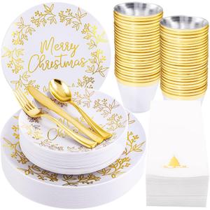 Nervure 175PCS Christmas Plastic Plates  White and Gold Disposable Plates & Gold Plastic Silverware with White Handle include 50 Plates 25Knives 25Forks 25Spoons 25Napkins for Christmas Party