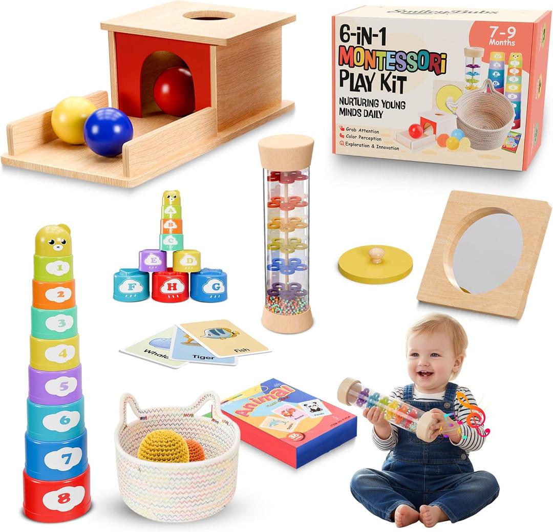 Montessori Baby Toys 79 Months, Developmental Tools for 7+ Month Babies, Baby Sensory Toys - A Sliding Box, Mirror Puzzle, Stacking Cups, Treasure Basket, Rain Stick, Animal Flashcards