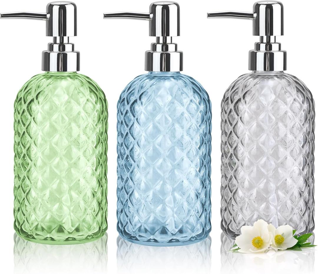 RETON 3 Pack Soap Dispenser Set, 16 Oz Clear Glass Soap Dispenser with Rust Proof Plastic Pump, Refillable Liquid Hand Dispenser, Bathroom Pump Bottlefor Kitchen Countertop (3 Colors)