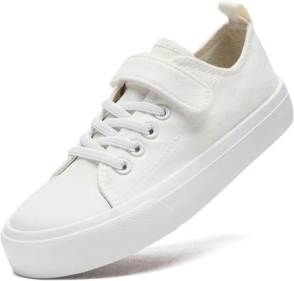 xinlanlin Toddler Shoes for Boys Girls, Low Top Kids Canvas Sneakers Classic Adjustable Strap Lace Up Comfortable Lightweight Running Walking Casual Shoes, 40, White Low Top