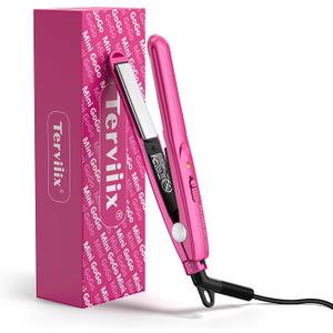 Terviiix Mini Flat Iron for Bangs Short Hair Edges, 1/2 Inch Small Ceramic Hair Straightener and Curler 2-in-1, Travel Flat Iron with Dual Voltage, 430F Fast Heat, Pouch - Pink