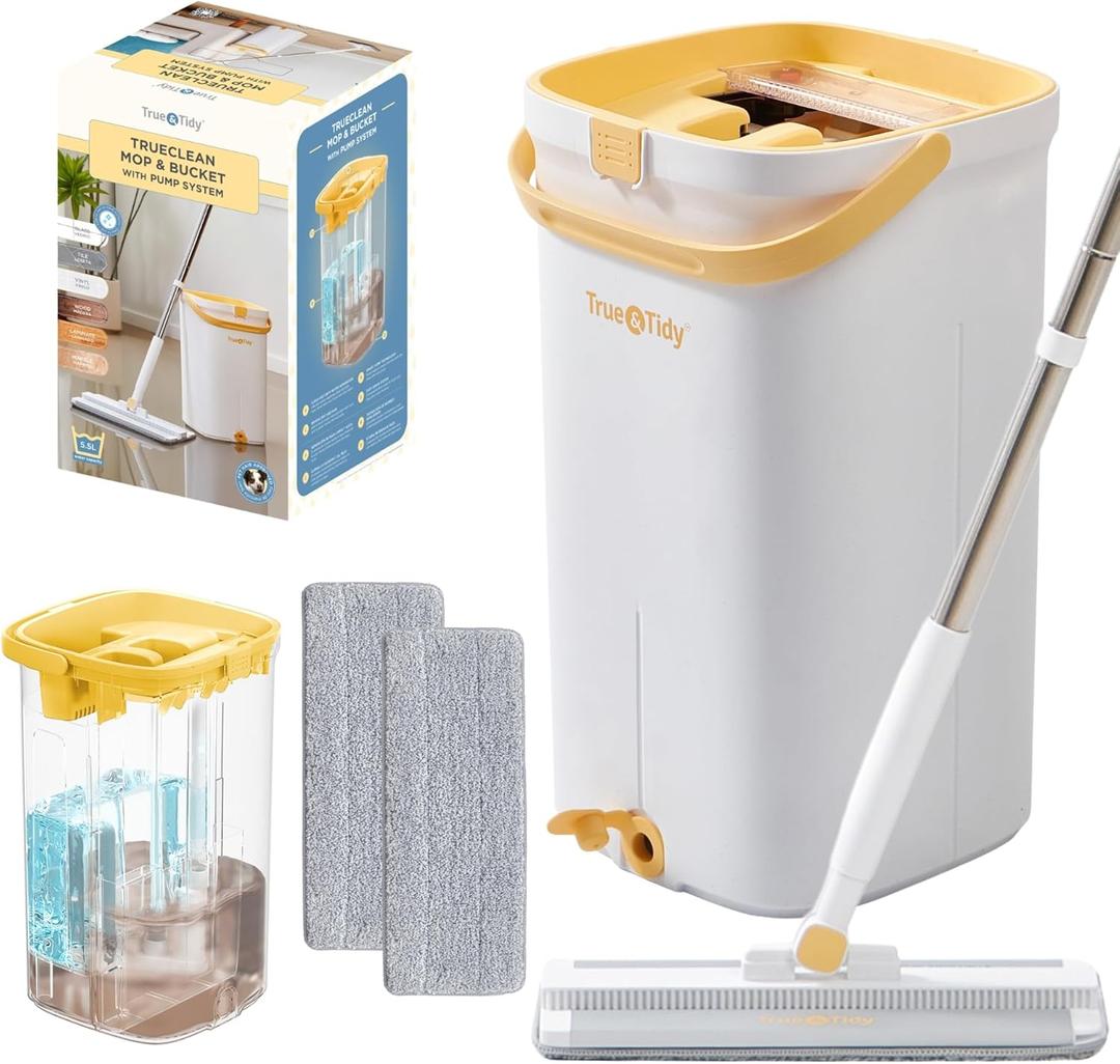 Mop and Bucket Set with Pump System for Home, Hands Free Self Cleaning with 3 Compartments to Separate Clean from Dirty Water, with 2 Machine Washable Microfiber Mop Pads, Patent Pending, in Gift Box (Lemon)