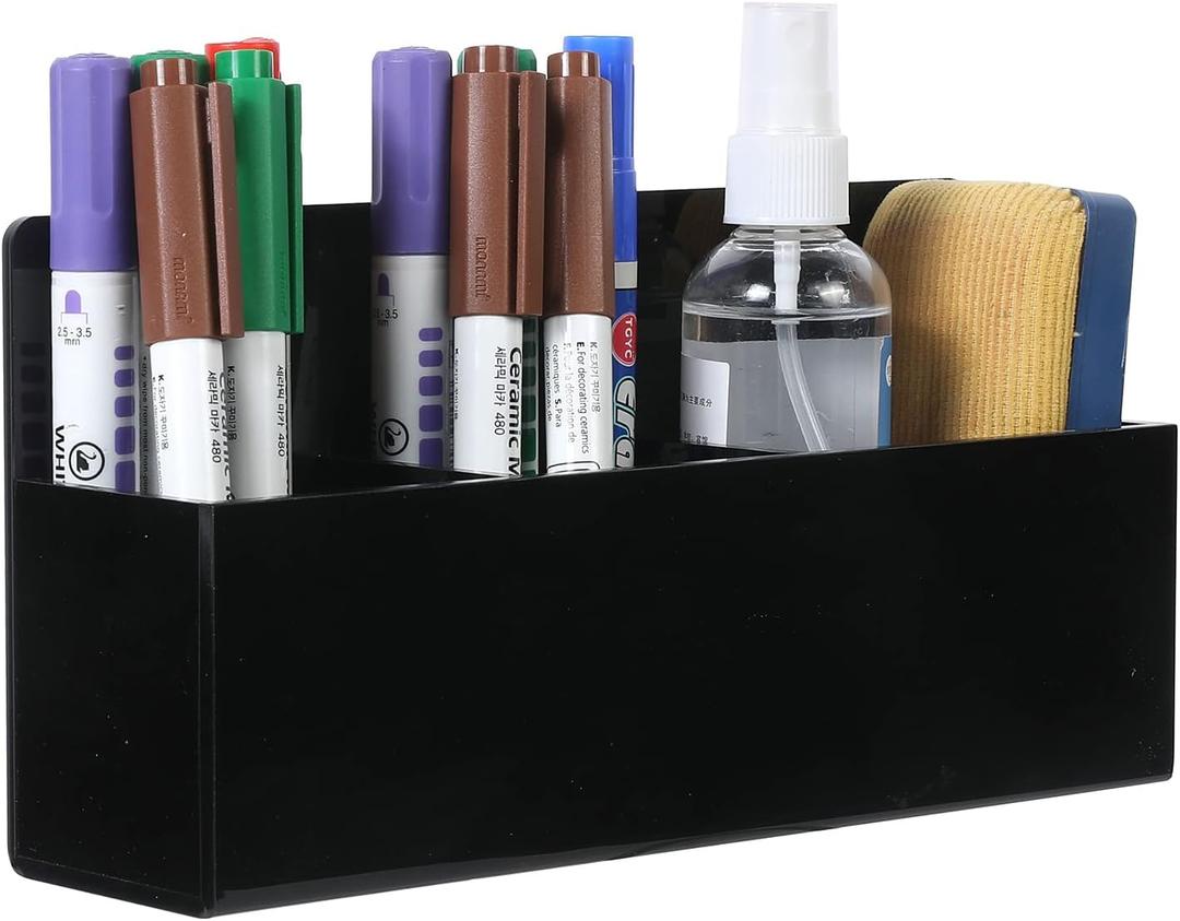 MyGift Modern Dry Erase Marker Holder, Black Acrylic Wall Mounted Office Supplies Holder, 3-Compartment White Board Eraser Accessories Storage Rack