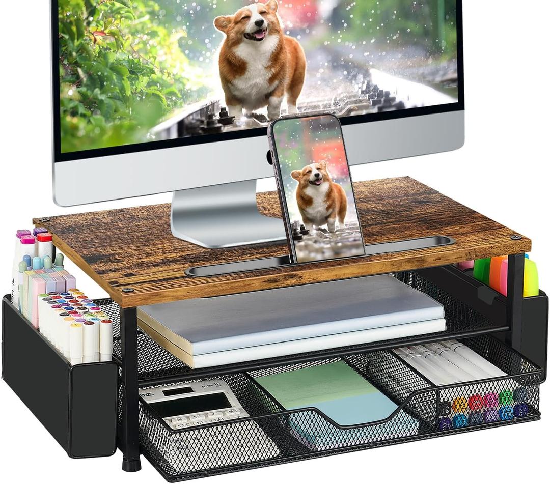 Wood Desk Organizers and Accessories, 2-Tier Computer Monitor Stand Riser with Drawer, Pen Storage & Phone Holder, Office Desk Accessories, Workspace Desktop Organization for Office SuppliesBrown