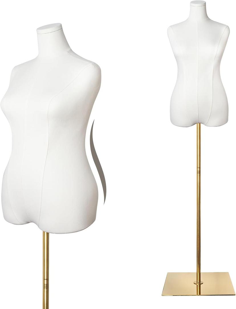 SHAREWIN Female Mannequin Torso Plus Size Women Dress Forms for Sewing Manicanequin Body High Stability Gold Metal Stand for Clothing Dress Jewelry Display Adjustable Height Size 10-12