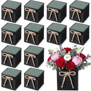 12 Pack Galvanized Square Vases with Floral Foam, 3.5 inch Waterproof Rustic Tin Buckets with Twine Bows, Mini Farmhouse Metal Planter Centerpieces for Wedding Party Table Decor(Black)