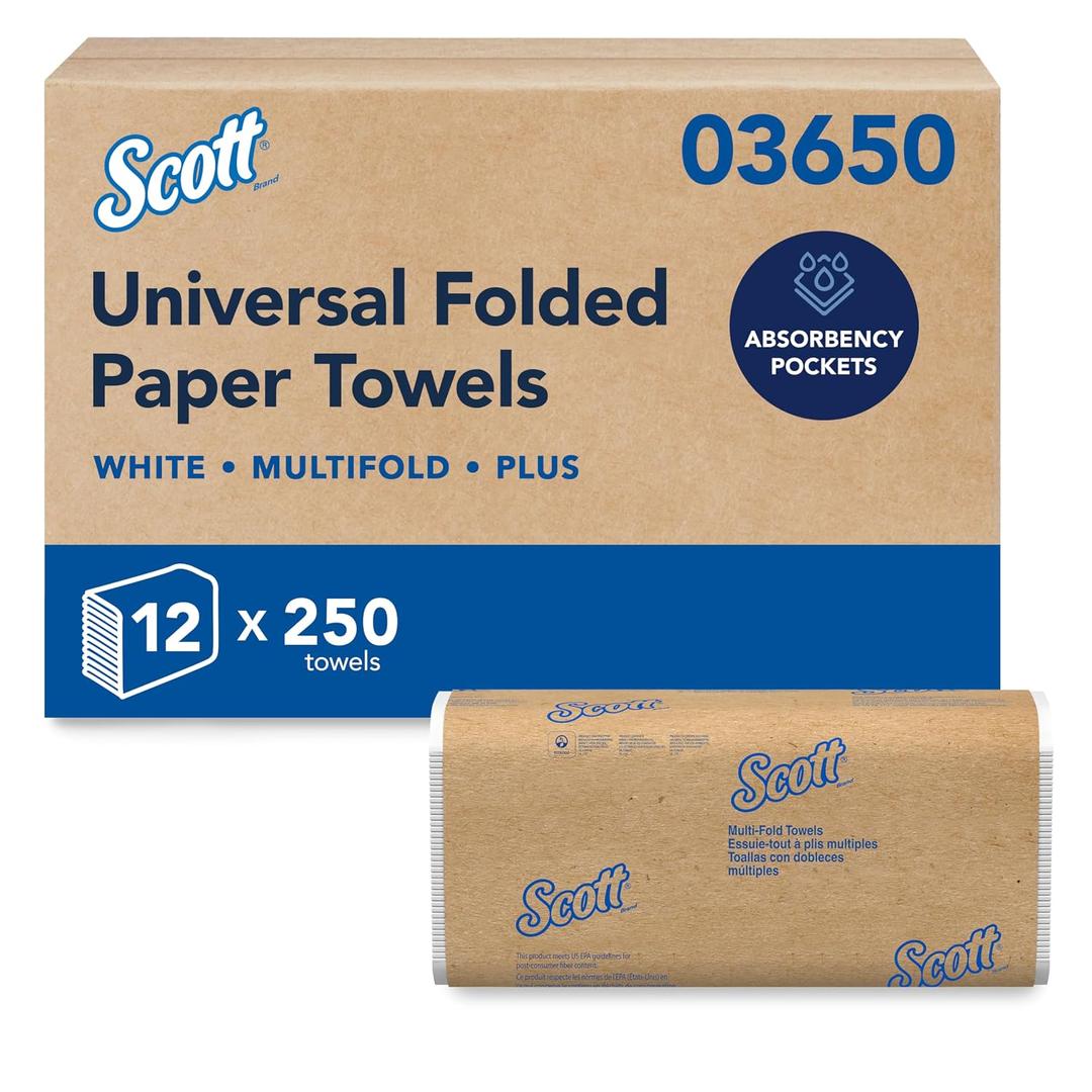 Scott Professional Universal Multifold Paper Towels, Bulk (03650), Absorbency Pockets, 9.2" x 9.4" sheets, Plus Tier, Compressed, White (250 Sheets/Pack, 12 Packs/Case, 3,000 Sheets/Case)