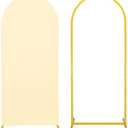 Metal Arch Stand and Cover Set,1 Beige Spandex Fitted Backdrop with 1 Gold Wedding Arched Stand Frame for Parties Birthday Baby Shower Bridal Banquet Decoration (4FT)