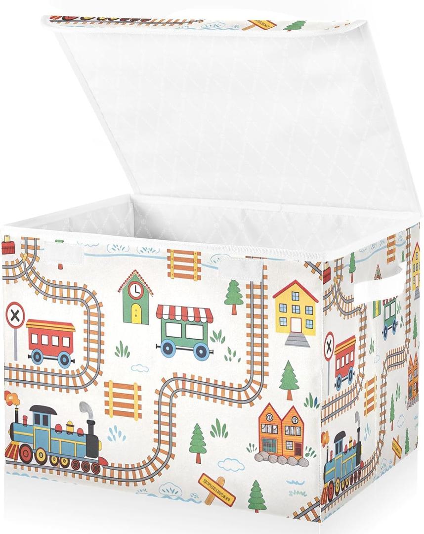 Cartoon Playful Train Fabric Storage Bin with Lid, Collapsible Basket with Handles, Shelf Cube Closet Organizer for Home and Bedroom