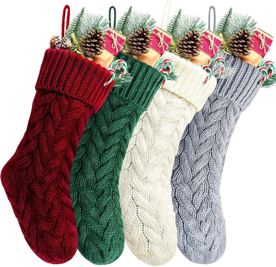 Kunyida Pack 4,18 Inches Burgundy, Green, Ivory, Gray Knit Christmas Stockings