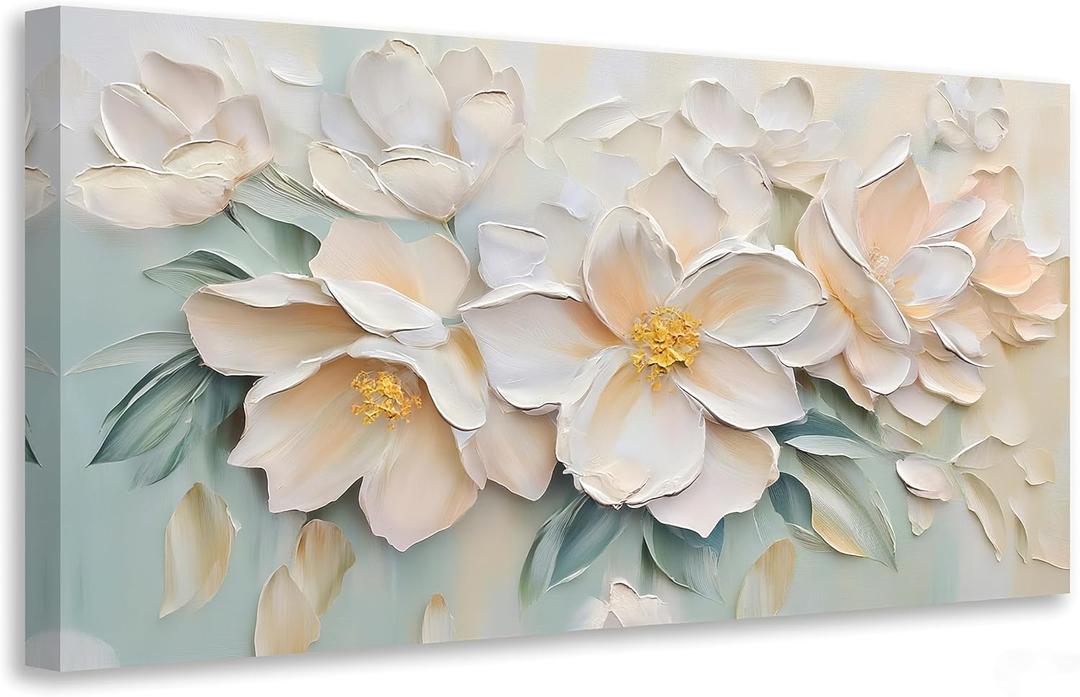 Anolyfi Large White Floral Canvas Wall Art for Living room Bedroom 58"x29" | HD Print and Hand-painted Textured, Easy to Hang, Durable Colorfast, Modern Flowers Sage Paintings for Hallway Home Decor