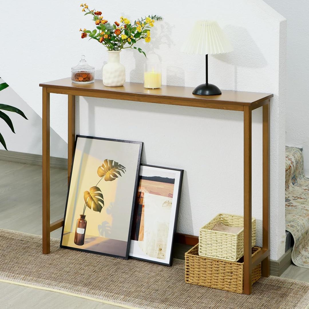 Bamboo Narrow Console Table, 39.4"(L) Wood Small Entryway Table, Accent Slim Hallway Tables, Thin Sofa Side Tables for Hallway, Living Room, Bedroom, Foyer, Walnut