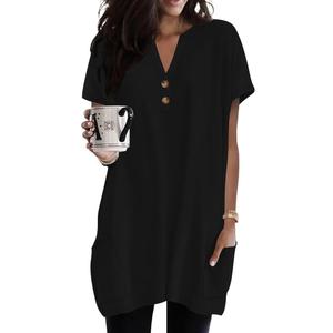 Naggoo Summer Womens Tunic Tops for Leggings with Pockets Button V Neck Short Sleeve Casual Long T Shirts XL