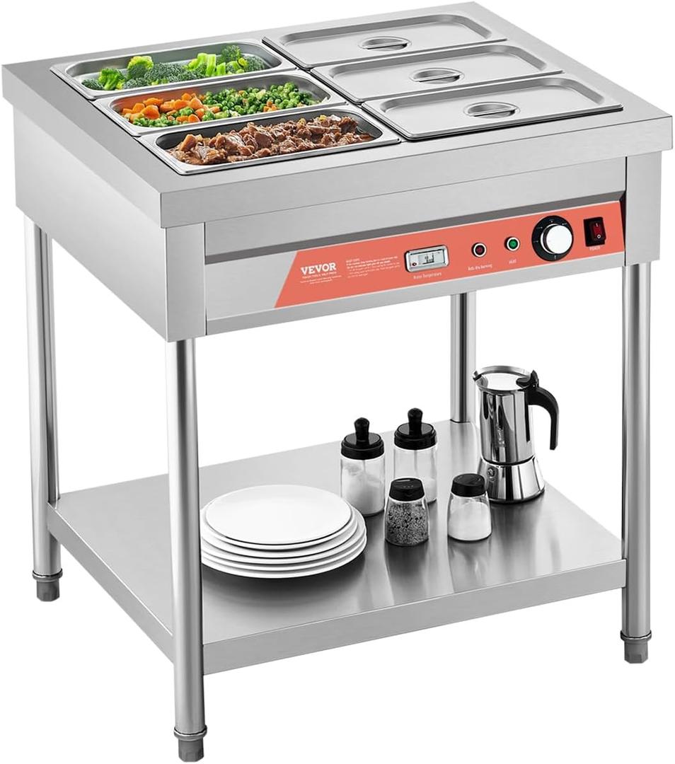 VEVOR 6-Pan Commercial Food Warmer, 6 x 1/3 Pans Electric Steam Table, 1500W Professional Buffet Catering Food Warmer with Undershelf, Stainless Steel Server for Restaurant Party Hotel