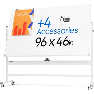 Rolling Dry Erase Board 96 x 46 - Large Portable Magnetic Whiteboard with Stand - Double Sided Easel Style Whiteboard with Wheels - Mobile Standing White Board for Office, Classroom & Home