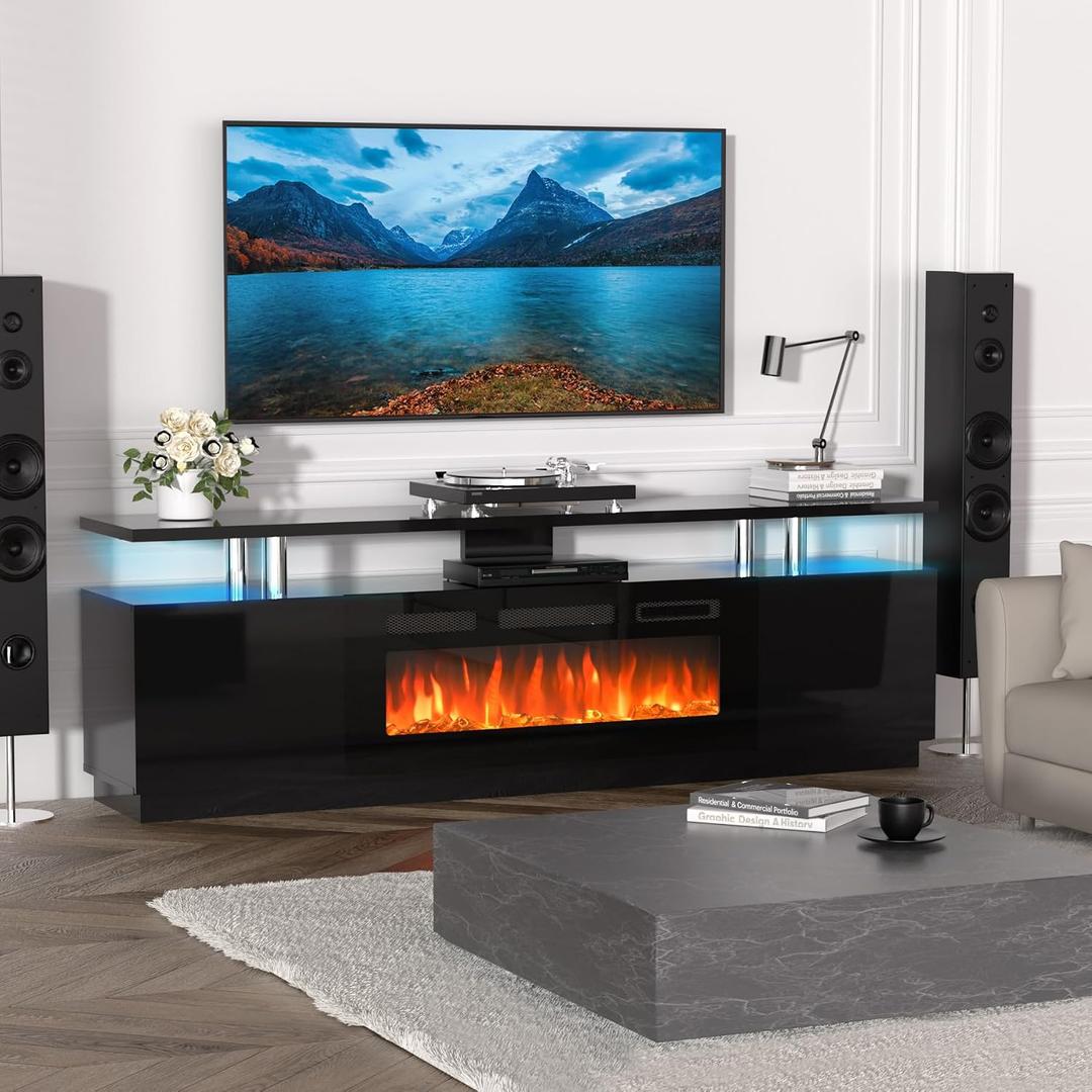 GarveeHome 70 Inch Fireplace TV Stand with 36 Inch Electric Fireplace, 12 Colors LED Lights, 750W/1500W for Max 80 Inch TV, 2 Tier Storage 2 Door Cabinet Tv Stand with Fireplace