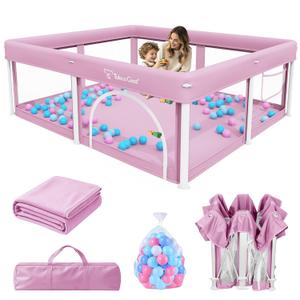 TOREVSIOR Foldable Baby Playpen with Mat, 50"×71" F oldable Playpen for Babies and Toddlers, Indoor & Outdoor Kids Safety Play Pen, Portable Play Yard, Foldable Baby Playpen with 50 Ocean Balls
