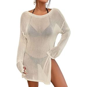 Bsubseach Crochet Swimsuit Coverup for Women Sheer Bathing Suit Cover Ups Knitted Swimwear Bikini Beach Vacation Outfits (One Size, Apricot)