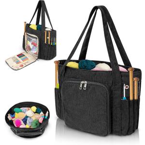 ORKELS Large Corduroy Crochet Tote & Yarn Bag  Portable Organizer for Yarn, Hooks & Accessories  Ideal Gift for Crocheters, Black