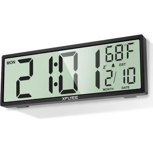 14.5'' Large Digital Wall Clock Battery Operated with Jumbo Numbers, Auto DST, Day, Date, Alarm, Temperature for Living Room, Bedroom, Desk Decor, Gift, LCD Screen Display Easy to Read and Set (Black)