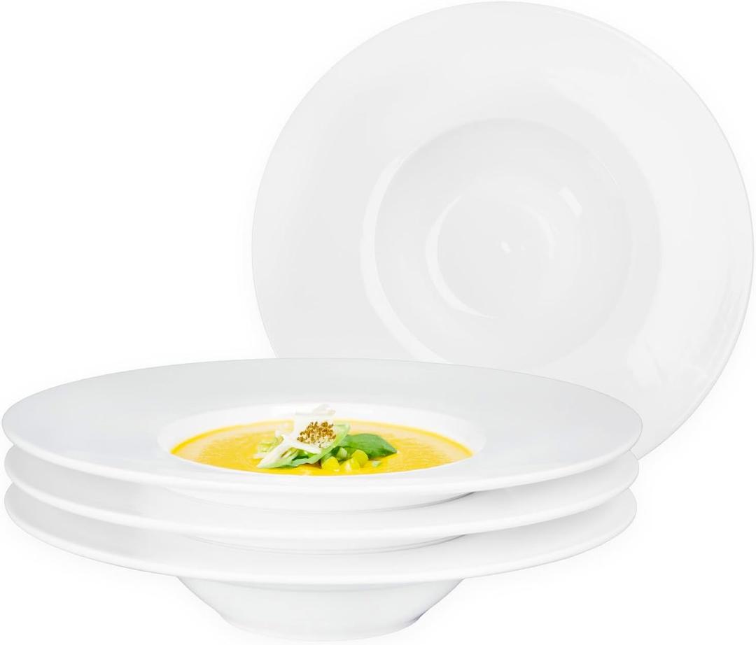 Soup Plates Ceramics Rimmed Plates Set of 4, 10.2 Oz With Wide Rim Salad Bowls for Soup, Dessert,Spaghetti, for Kitchen and Eating, Microwave Dishwasher Safe, 10.1 Inch