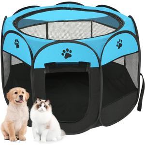 Pet Cat Playpen for Indoor Cats Enclosed, Portable Foldable Dog Playpen Outdoor with Zipper Top Cover Door for Dogs, Cats, Small Animals(M 35" * 35" * 24", Blue)