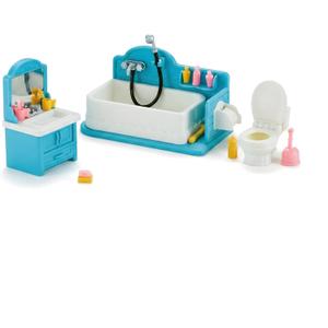 Family Dollhouse Bathroom Set  Bathtub with Hand Shower, Sink with Mirror & Toilet, Soap, Toothbrush & Toilet Paper Roll  Dollhouse Furniture & Accessories for Ages 3+