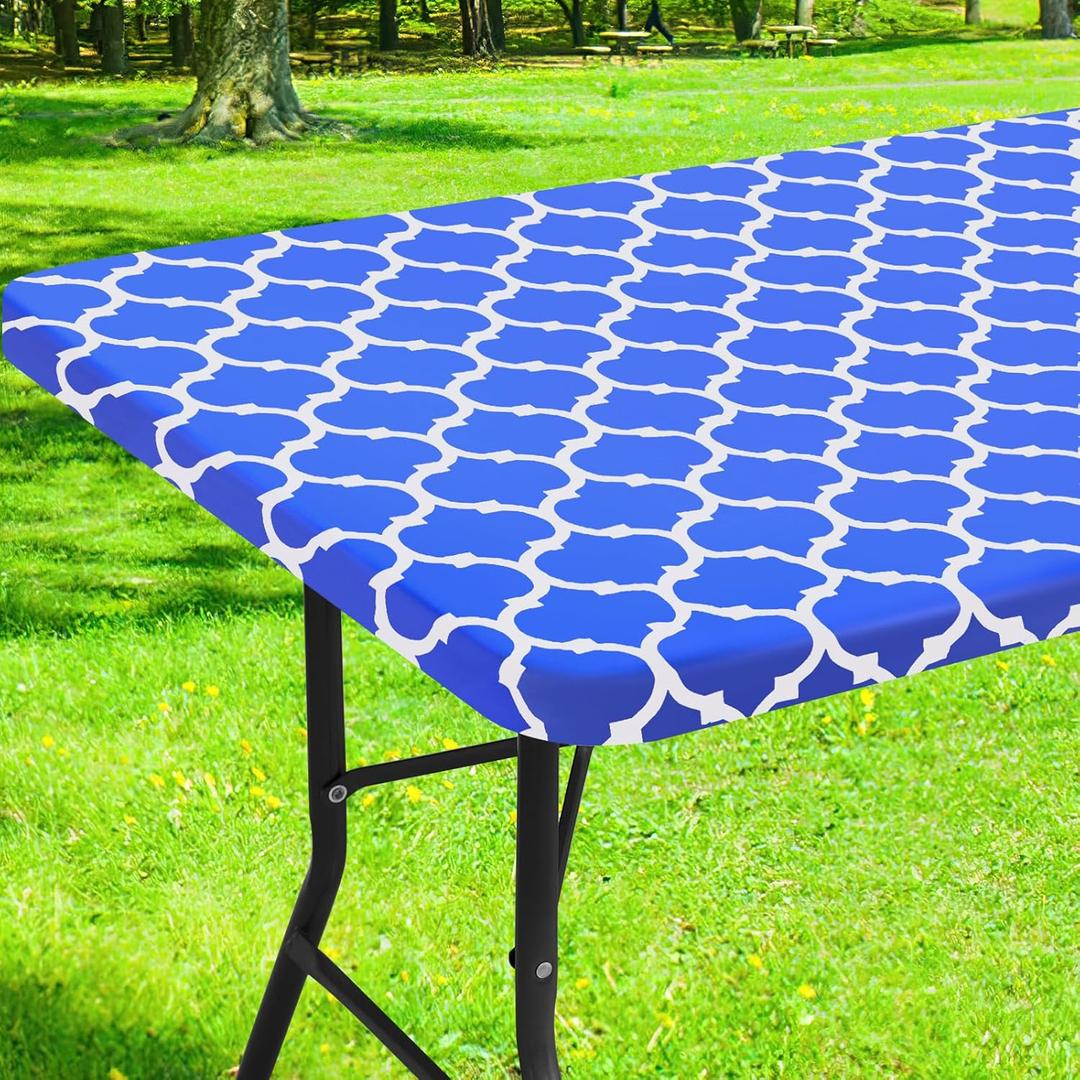 Smiry Rectangle Picnic Table Cover, Waterproof Elastic Fitted Camping Tablecloths for 6 Foot Tables, Wipeable Flannel Backed Vinyl Tablecloth Protector for Indoor, Outdoor (Blue, 42x72 Inches)