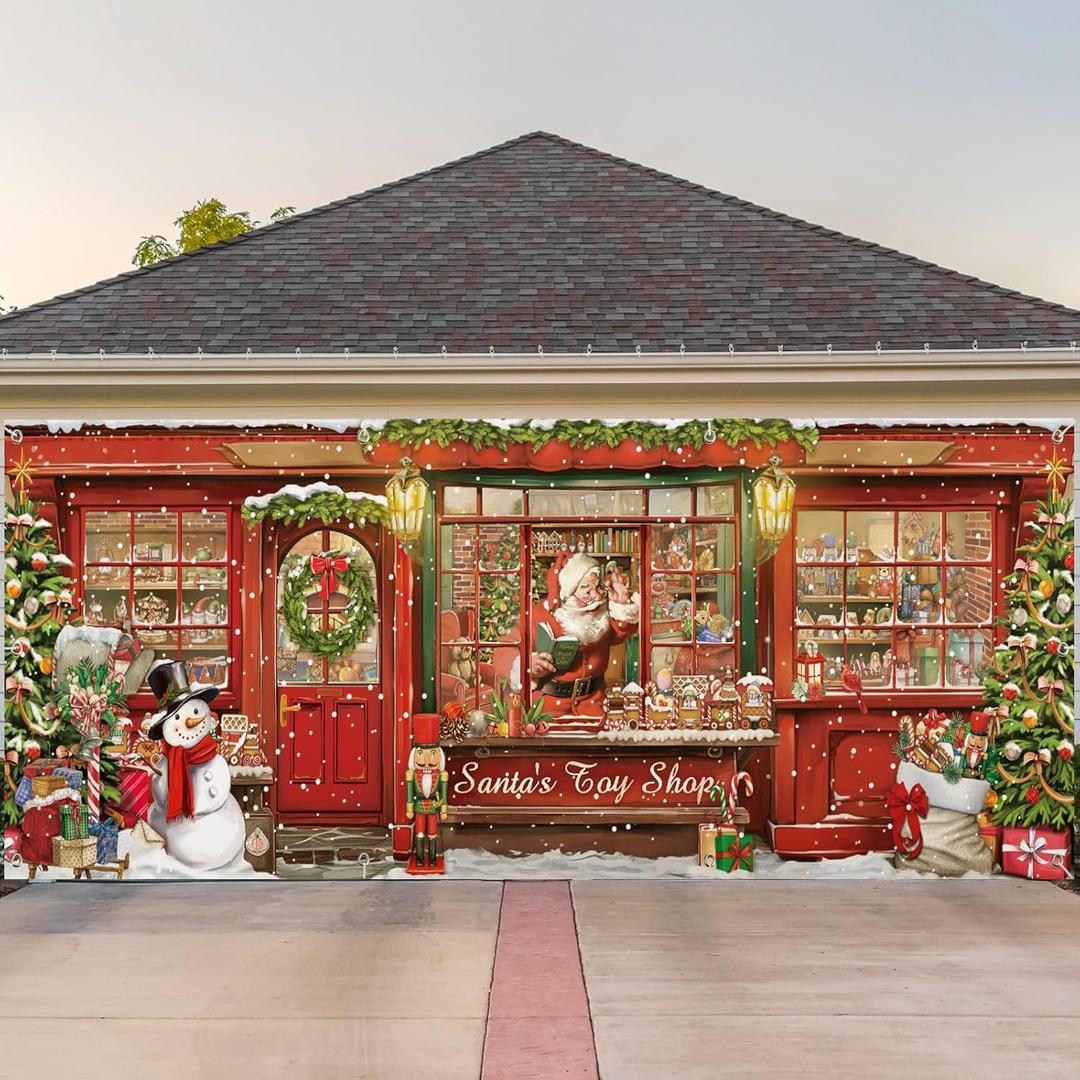 Christmas Garage Door Banners Christmas Garage Door Backdrop Decor for Xmas Party Background Supplies(5.9 x 16.4 ft,Santa's Toy Shop)