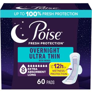 Poise Overnight Ultra Thin Incontinence & Postpartum Pads with Wings for Bladder Leaks, 8 Drop Extra Absorbent, Long Length, 60 Count (3 Packs of 20)