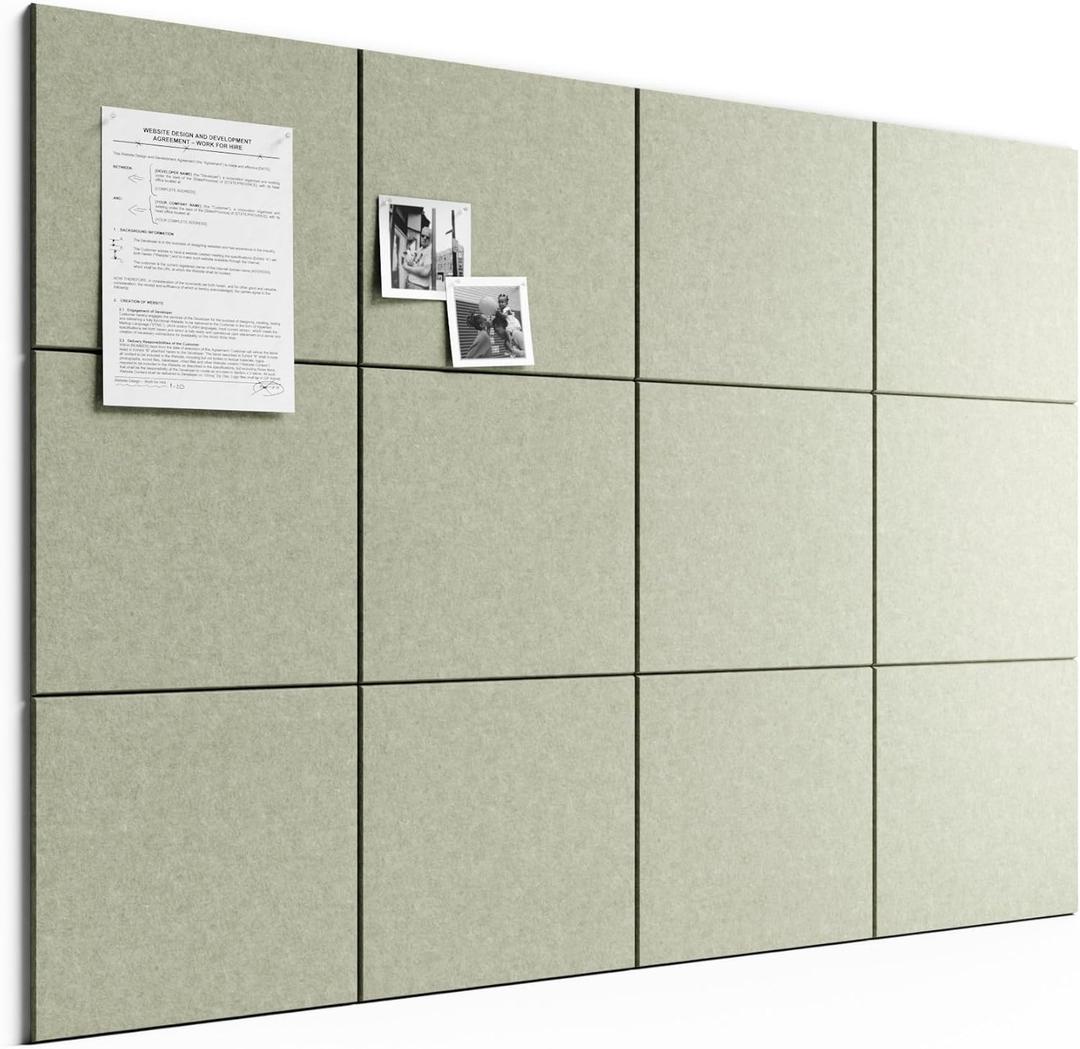 Bumusty Large Cork Board 48" x 36" Alternative - 12 Pack Felt Wall Tiles with 70 Safe Removable Adhesive Tabs, 30 Pushpins, Cork Boards for Walls Pin Board Bulletin Board Office Decor (Sage)
