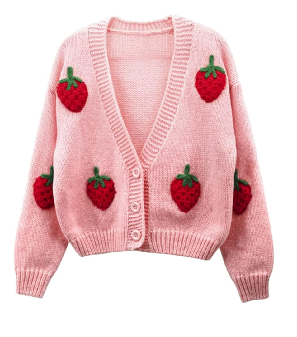 HOULENGS Women's Strawberry Print Button Down Long Sleeve V Neck Crop Cardigan Sweater M