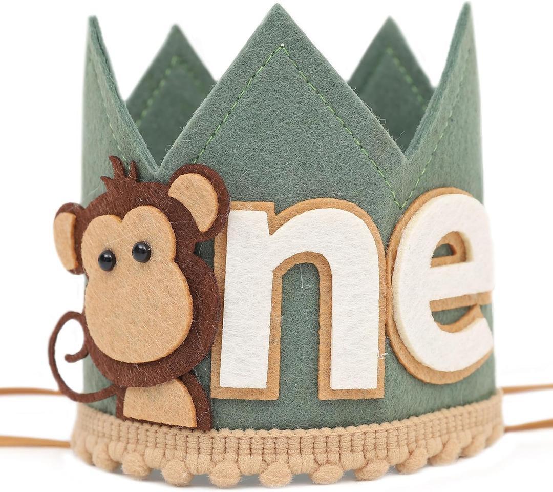 Monkey 1st Birthday Crown/Hat - Wild One Olive Green Safari Hat, Jungle Party Decor, Photo Prop for Boys