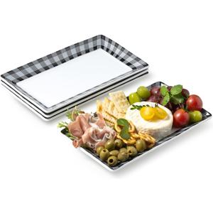 LAUCHUH Serving Platters, 10 inch Porcelain Checkered Dinner Plates Set of 4 Black and White Rectangular Plates Serving Dishes for Entertaining, Sushi, Cupcakes, Cookies, Fruit, Vegetables