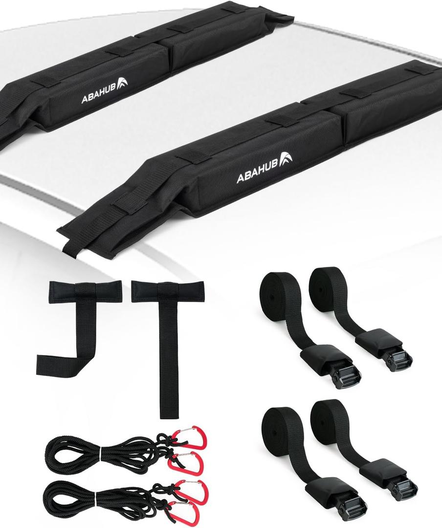 Abahub Soft Roof Rack Pads with 2 Tie Down Straps, 2 Tie Down Ropes, 2 Hood Loops and Storage Bag, for Surfboard, Kayak, Canoe, Heavy Duty Universal Car Roof Racks System (Black)