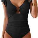 Eomenie Womens Ruffled One Piece Swimsuit Slimming Tummy Control Bathing Suit V-Neck Cutout Swimwear for Resort Wear (X-Large, Black Ribbed)