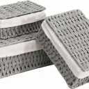 Small Wicker Basket with Lid, Gray Paper Rope Woven Storage Basket with Removable Liner, Stackable Shelf Bin for Bathroom, Closet, Dresser (S-7"4.3"3", Grey)