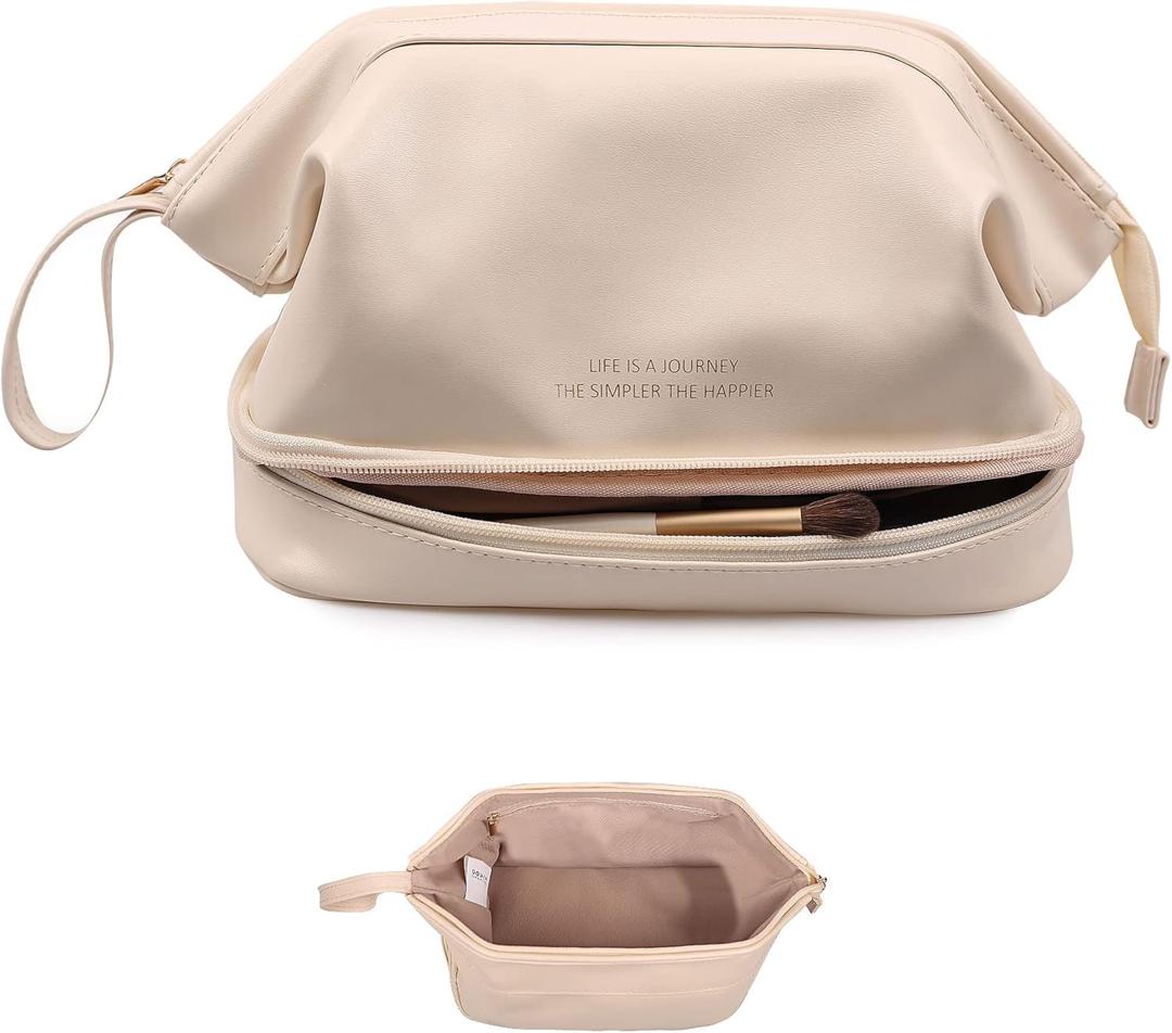 Abiudeng Large Capacity Makeup Bag Ladies Cosmetic Bag Travel Bag with Compartments Portable PU Leather Travel Makeup Bag with Handle (White)