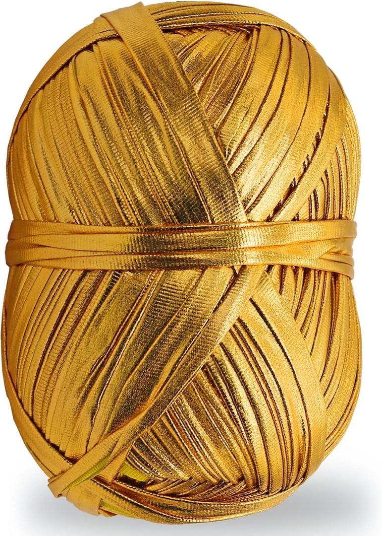 Metallic T-Shirt Yarn 140 Yards Knitting Fabric Crochet Cloth Shiny Tshirt Yarn for Crocheting Beginners DIY Hand Craft Bag Blanket Cushion Projects (Golden)
