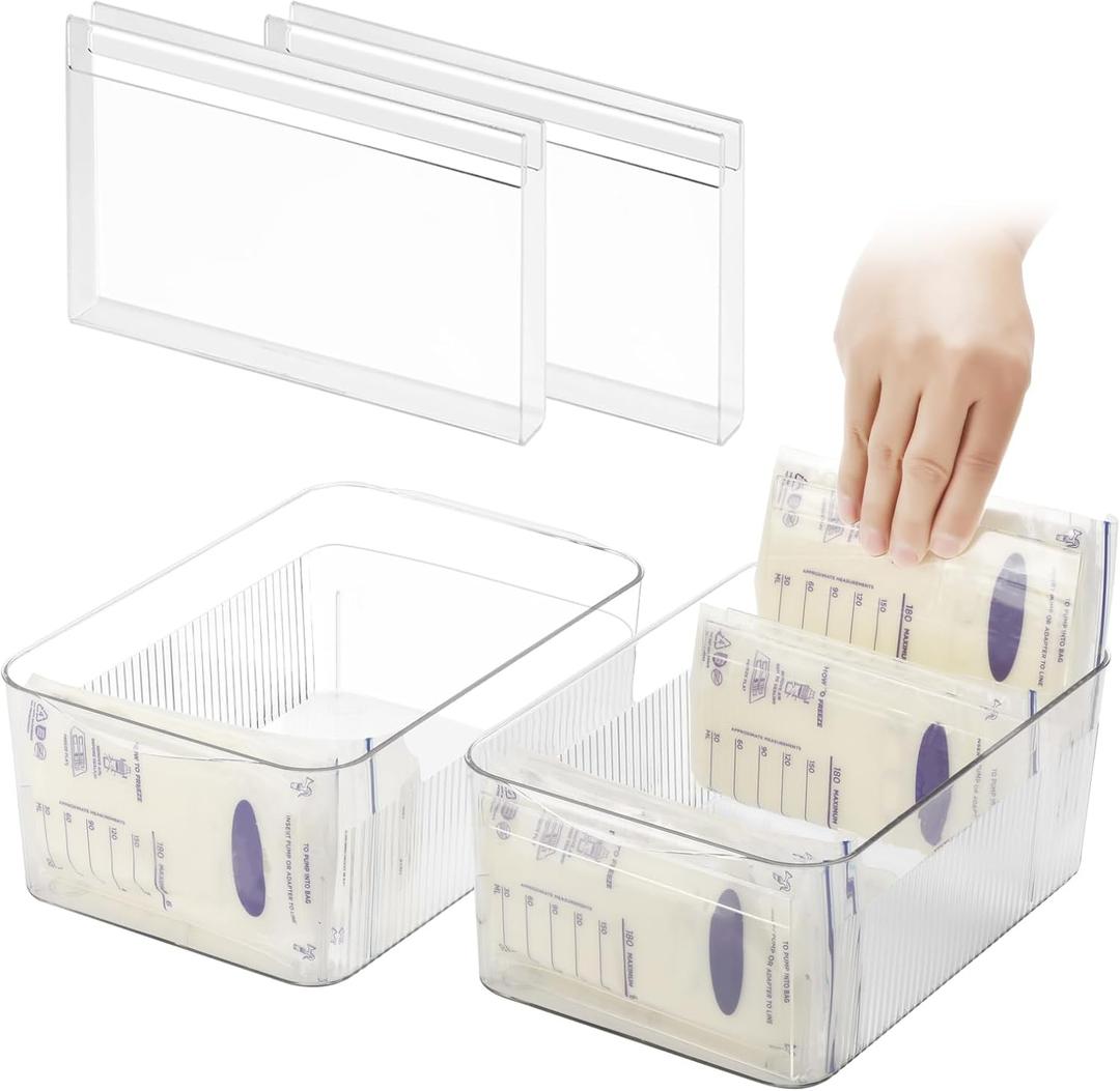 Breastmilk Storage Container with Freezer Flattener Kit, Large Capacity Organizer Bins for Flattening Milk Bags, Save Refrigerator Space (2 Pack)