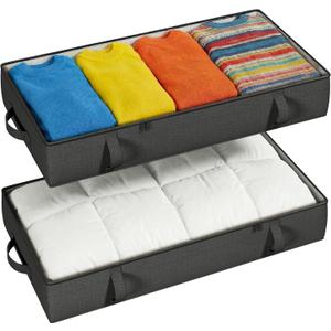 2-Pack Under Bed Storage, 6 Inches Tall Closet Organizers and Storage Bins with Sturdy Sidewalls/Bottom/4 Handles, Black