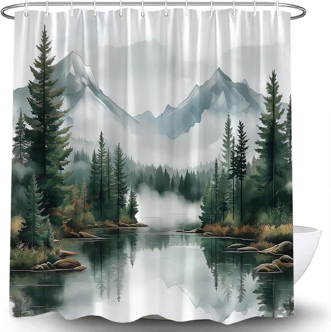 Green Misty Forest Shower Curtain Mountain Foggy Pine Trees Landscape Watercolor Jungle Plant Rustic Nature Scenery Lake Fabric Bathroom Curtain Set with Hook (70"W x 70"L (Pack of 1))