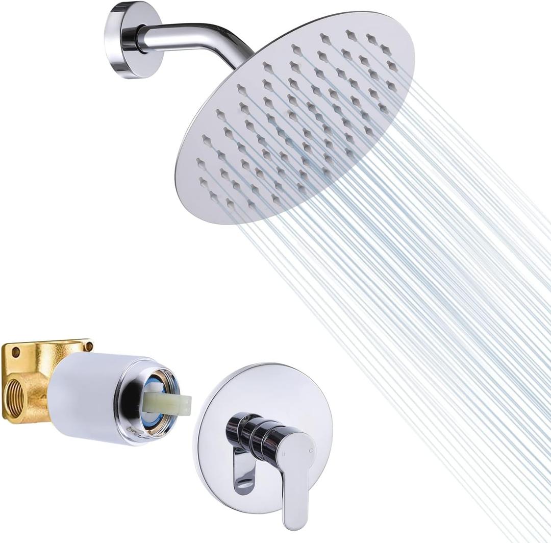 Bathroom Shower Only Faucet Set Shower Head and Handle Set Wall Mount 8 Inch Round Shower Head with Valve Single Handle Shower Valve Kit, Chrome
