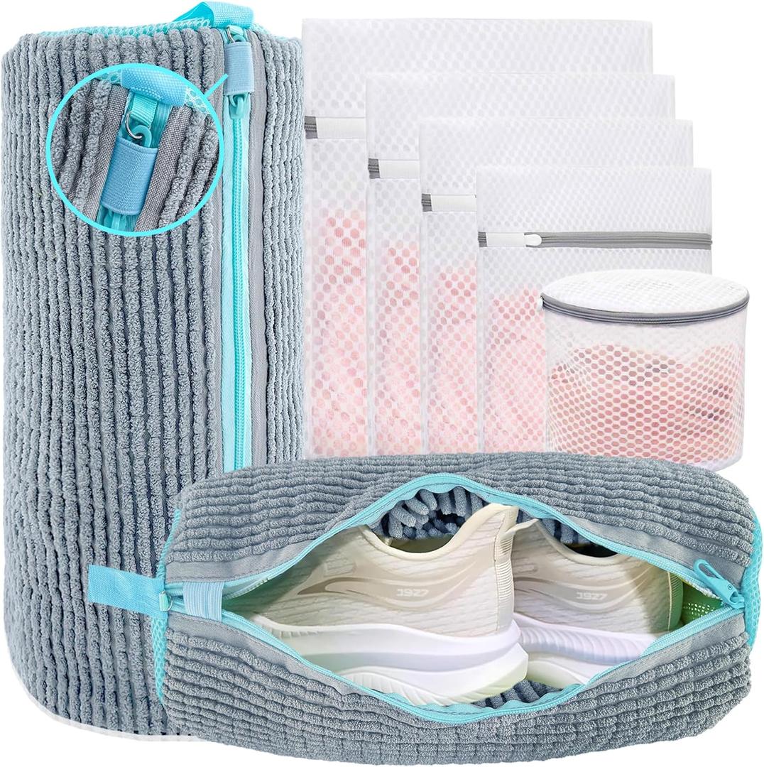 XXL Shoe Washing Machine Bag - Reusable Shoes Cleaning Bags for Washer And Dryer, Durable Zipper Laundry Shoe Bag 360 Deep Clean Sneaker Tennis Include Delicate Laundry Bag/Bra Laundry Bags (Gray)