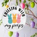 5 x Muktoujaumai Easter Wall Sign Decor, Easter Spring Hanging Sign Decorations Farmhouse Decor Wall Sign for Home, Living Room, Bedroom, Office, Chilling with My Peeps